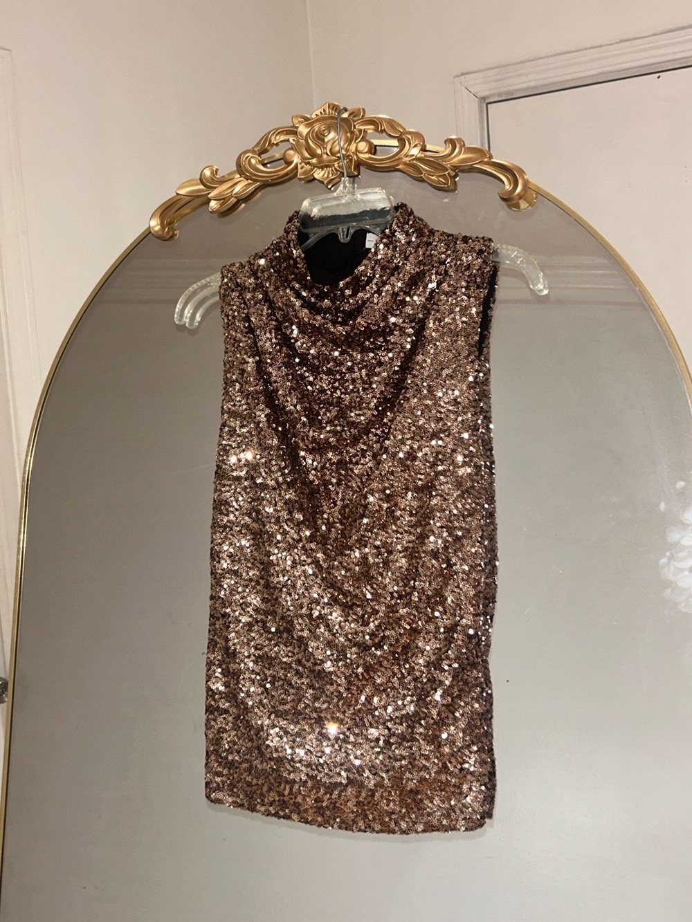 S’edge Bronze Sequin Bree Tank Sleeveless Cowl Neck Top with Belt, Size XL NWT